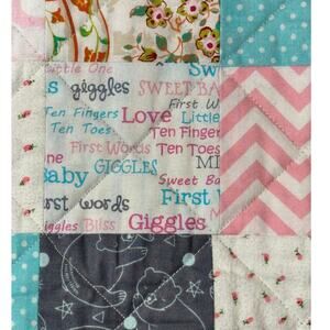 Handmade baby crib quilt 33" x 36 " , unisex flamingos, polka dots, flowers